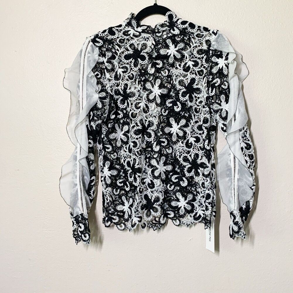Self-Portrait Lace Blouse 4 Black White Lace Long Sleeve Ruffle High Neck